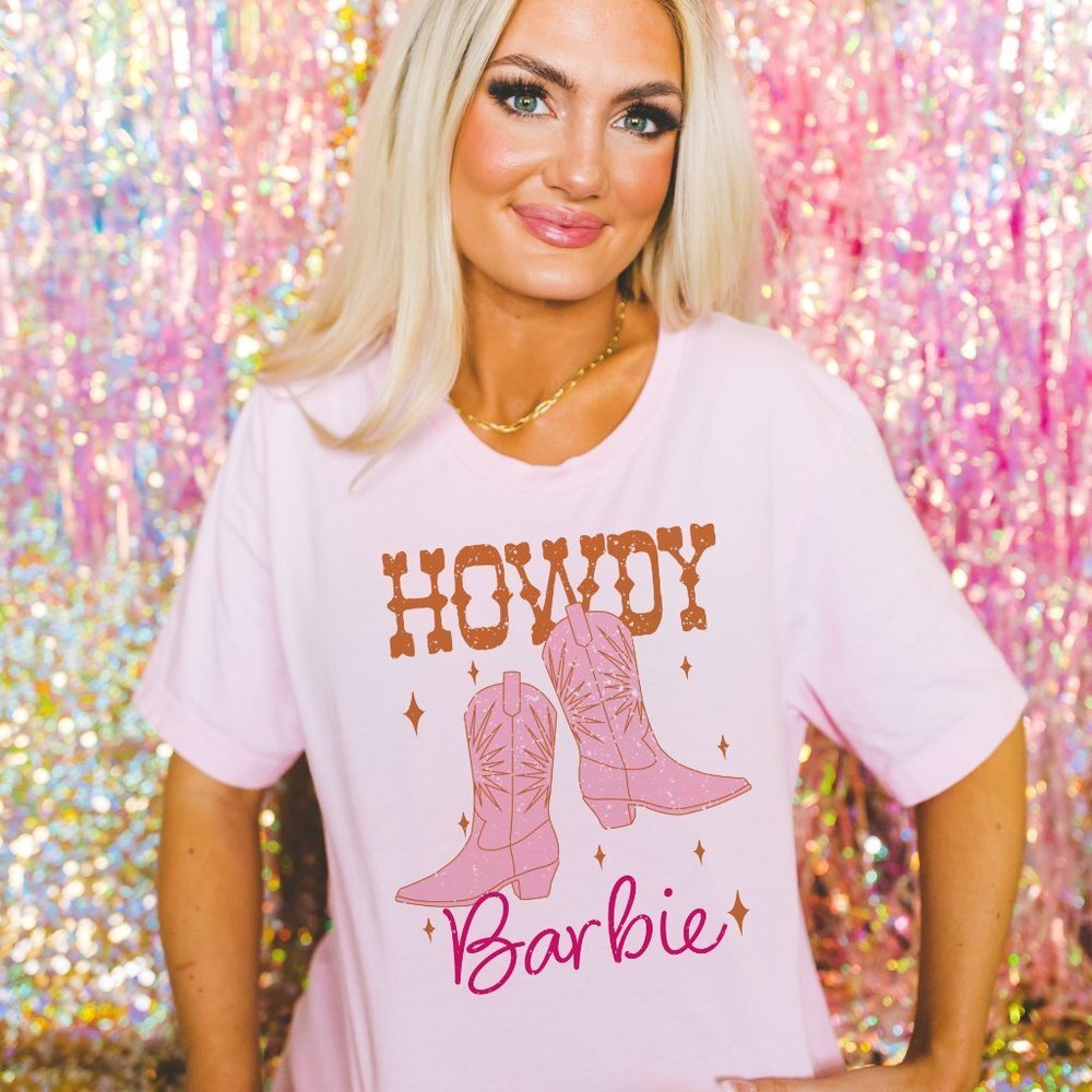 Pink and Orange Distressed Howdy Barbie Western Pink T Shirt